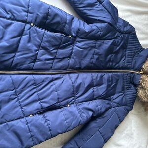 Navy Quilted Jacket with Faux Fur Trim